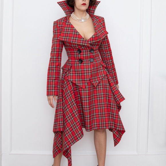 Red tartan tailored 2 piece skirt suit Vivienne Westwood style - Picture 2 of 6